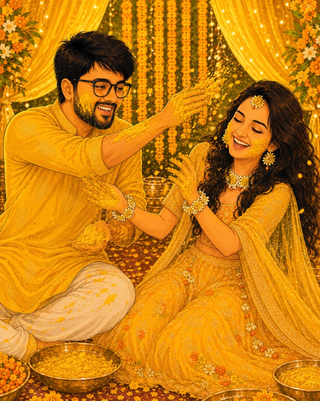Divya and Tushar, haldi illustration