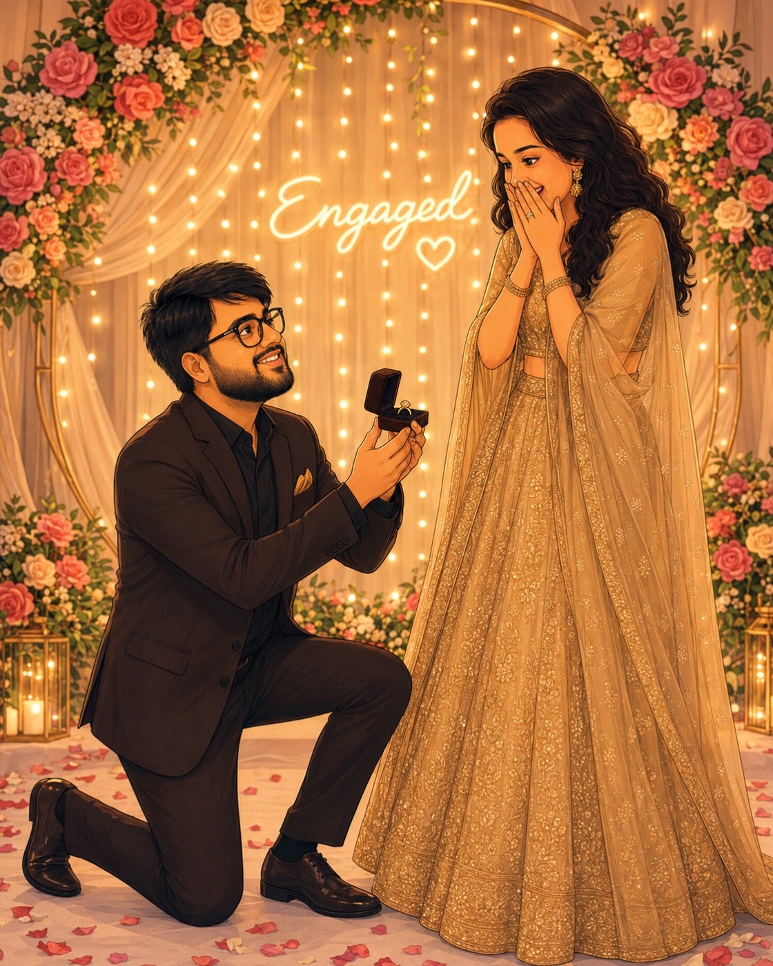 Divya and Tushar, engagement illustration
