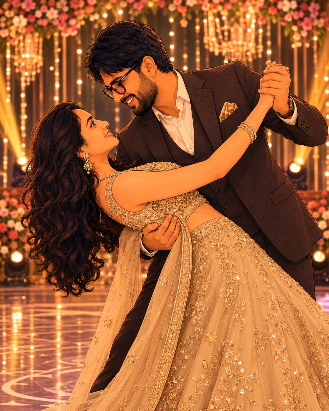 Divya and Tushar, sangeet dance illustration